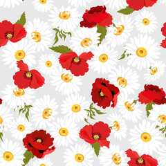 Seamless pattern with field chamomile and poppies on a gray background.
