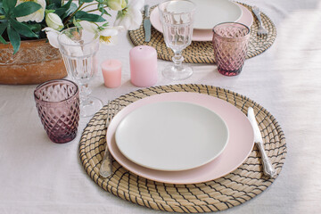 Stylish crockery on dining table. Table set for event party. Catering and eating concept.