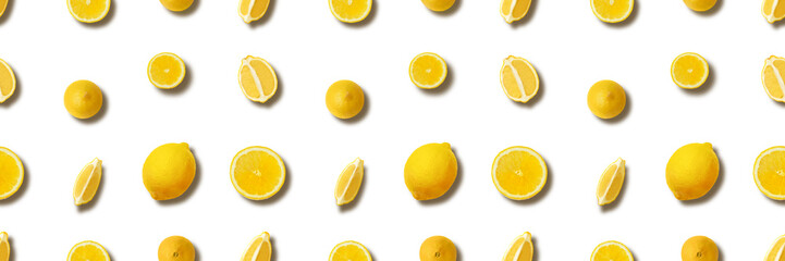 the lemon background on white with shadows, panoramic citrus image