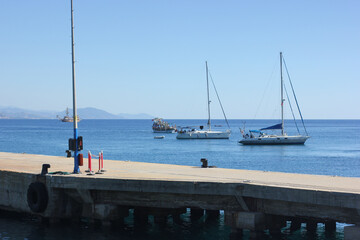 Alanya, TURKEY - August 10, 2013: Travel to Turkey. Berth with boats, boats and yachts. Clear blue...