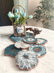 Cup holder, epoxy resin tray, marine-style stone cut. Blue stains of paint, gold trim. Subject for...