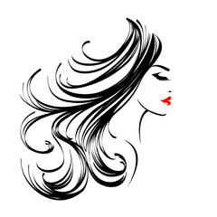 Beautiful woman portrait with long, wavy hairstyle and elegant makeup.Hair salon and beauty studio logo.Cosmetics and spa illustration isolated on light fund.Profile view face.Young lady.