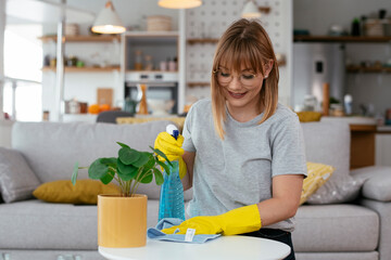 Young attractive woman cleaning home. Young beautiful woman at home.	
