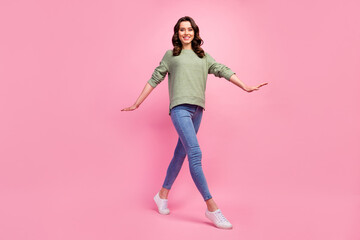 Full size photo of content candid nice girl enjoy autumn free time weekend walk go wear stylish...