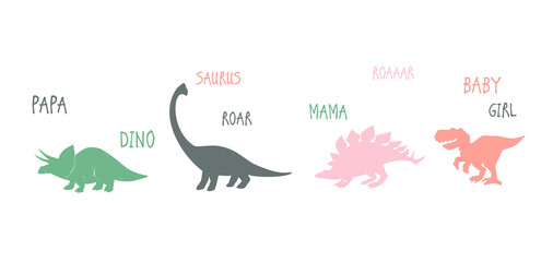Funny cartoon dino girl family. Cute baby dinosaur design for cool girl t-shirt. Pink stegosaurus, baby tyrannosaur, triceratops dino, brachiosaurus roar. Doodle vector illustration white background.