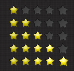 Yellow rating stars filling shapes in dark background. Golden star feedback. Five buttons for rated, ranking, vote