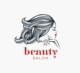 Hair salon, nails art and beauty studio logo.Cosmetics and spa icon isolated on light background.Beautiful woman portrait with elegant haircut, manicure and makeup.Long, wavy hairstyle.