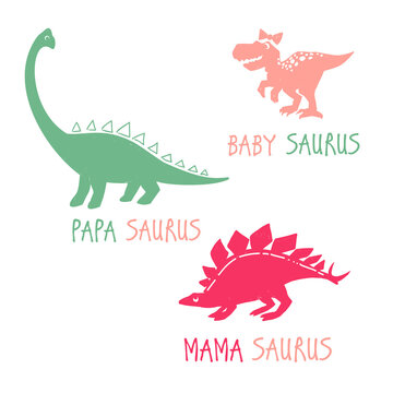 Family dino saurus. Funny cartoon dino girl set. Cute baby dinosaur design for cool girl t-shirt. Doodle vector illustration on white background.