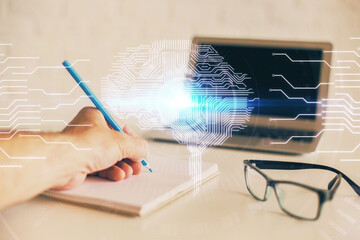 Man with multi exposure brain theme icons.