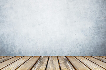 empty wooden table on gray wall background