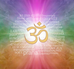 Words associated with the Om Symbol Word Cloud - golden om symbol surrounded by a relevant word cloud on a multicoloured radiating background
