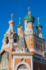 Fototapeta na wymiar St Nicholas Orthodox Cathedral is a colorful and historic Russian church in Nice, France