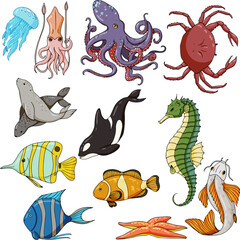 Set of sea animals color cartoon for web and mobile design. vector illustration isolated on white background. seahorse, jellyfish, killer whale, seals and fish