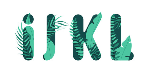 Vector letters I J K L of the alphabet. Leaf design.