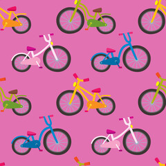 Obraz premium Colorful cartoon bicycles seamless pattern on pink background