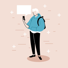 man with smartphone chatting, chat bubble