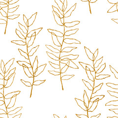 Seamless pattern of golden branches. Hand drawn illustration is isolated on white. Linear leaves are perfect for fabric textile, wedding invitation, boho design, interior wallpaper, floral prints