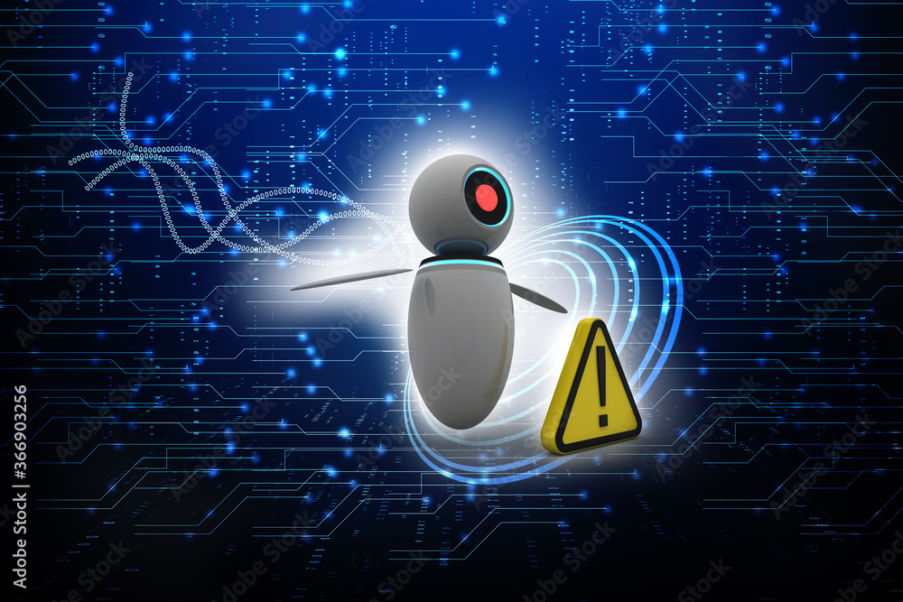 Poster 3d render robot with exclamation mark