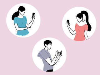 set of people using smartphone, men and women with mobiles devices