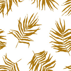 Seamless pattern of watercolor golden  palm leaves. Hand drawn illustration is isolated on white. Dry branches are perfect for fabric textile, boho design, wedding invitation, floral wallpaper