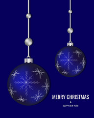 Merry Christmas and Happy New Year greeting card. Vector illustration of Christmas balls on a blue background