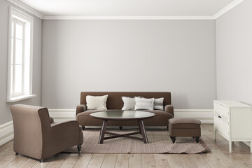 Interior living room Scandinavian style with brown sofa. 3D illustration
