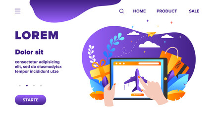 Customer buying plane tickets online. Traveling, screen, flight flat vector illustration. E-commerce and digital technology concept for banner, website design or landing web page