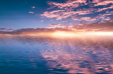 Naklejka na ściany i meble Sea sunset, neon light. Cloud over water. Reflection in the water of a beautiful sunset, rays. Marine tropical futuristic landscape, landscape with sky, water, sunlight. 3D illustration.