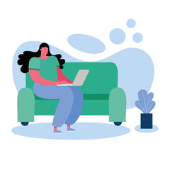 young woman using laptop working in the livingroom