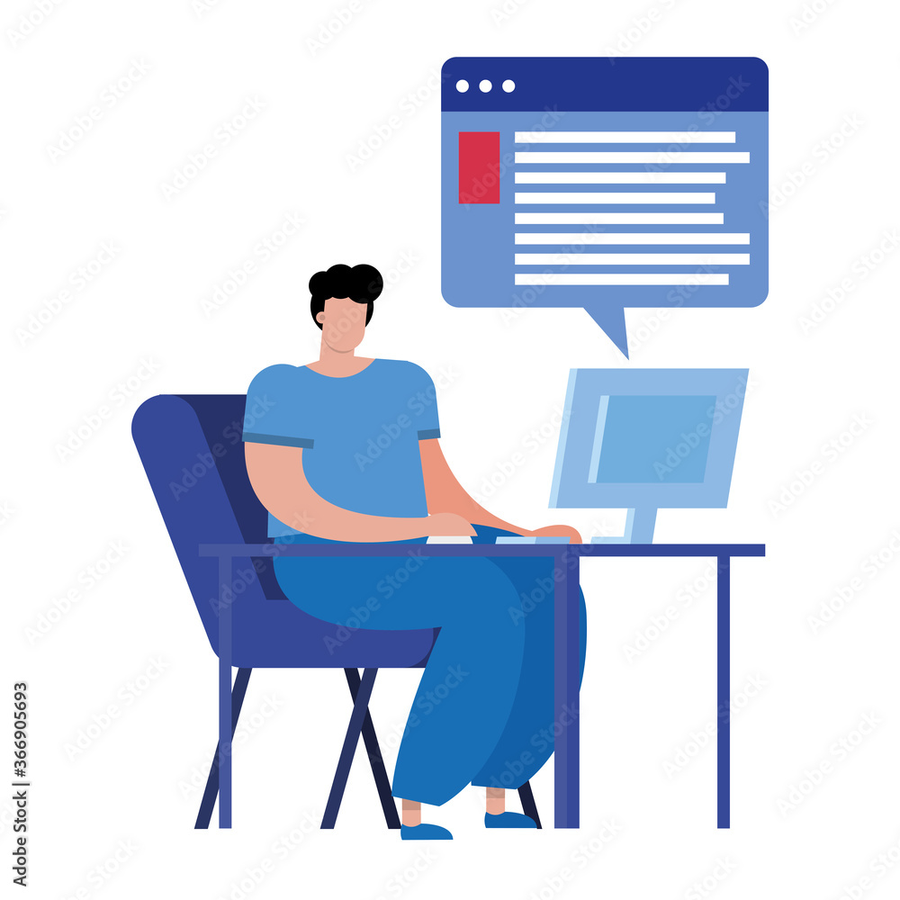 Poster young man using desktop connecting technology character