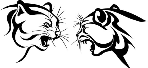 Cat, head, face, various poses, black, silhouette, set, vector, illustration, graphic options