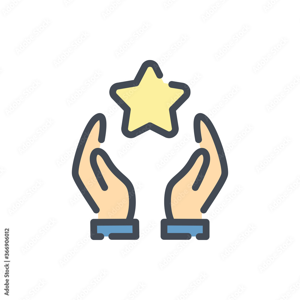 Poster get reward color line icon. hands with star vector outline colorful sign.