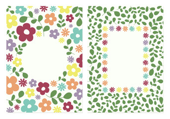 Floral frame set vectors, Green leaves and flower daisies border backgrounds.