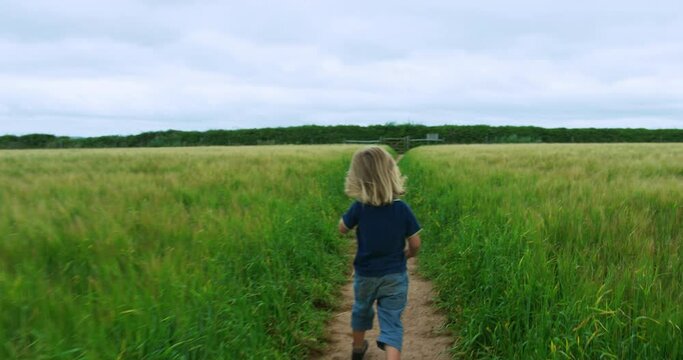 Little preschooler running through a field in the summer