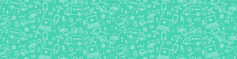 Delivery hand drawn web banner. Doodle shipping elements on green background. Vector illustration.