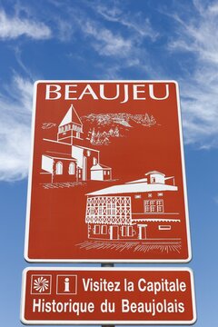 Signboard with Beaujeu historic capital of Beaujolais, France
