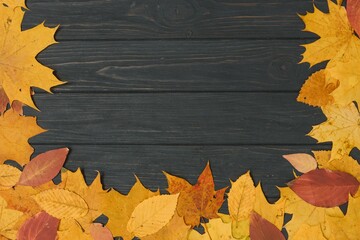 autumn leaf on wood black background (top view) orange leaf on old grunge wood deck, copy place for inscription, top view, tablet for text,