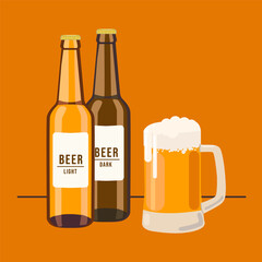 Image of two bottles with the text light and dark beer. Two glasses of beer and foam on an orange background
