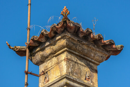 Derelict Ornate Pagoda-Type Chimney Top With Lightning Rod, Braga, Portugal
