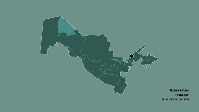 Jizzakh, region of Uzbekistan, with its capital, localized, outlined and zoomed with informative overlays on a administrative map in the Stereographic projection. Animation 3D