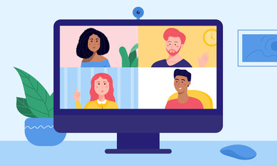 Four friends on desktop screen chatting via video call conference. Young man and women having conversation at online party. Online meeting of team members during remote working. New normal.