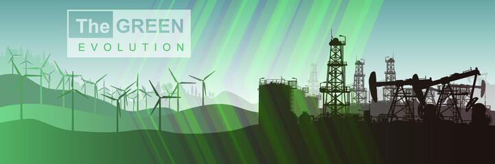 Vector illustration of evolution from industrial pollution to clean energy. Wind turbines and Industrial machine for petroleum.