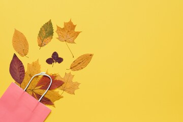 Autumn shopping with discounts. Autumn sales. Crafting beige paper shopping bag, from which look out autumn yellow leaves.