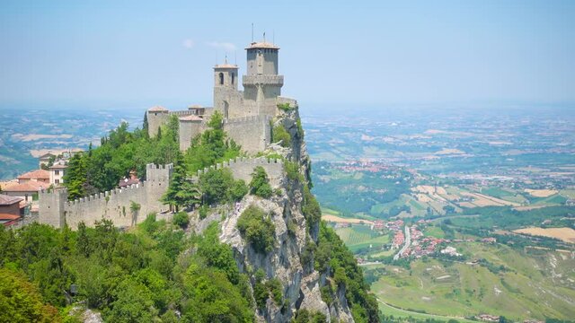 San Marino, panning of Guaita, first of three peaks which overlooks the city. The Guaita fortress is the oldest of the three towers constructed on Monte Titano and the most famous. One of Three Towers