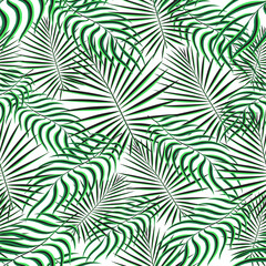 Fototapeta na wymiar Tropical palm leaves pattern seamless background. Exotic floral fashion foliage art pattern. Seamless beautiful botany palm tree summer decoration design. Print pattern for textile swimwear. Vector.