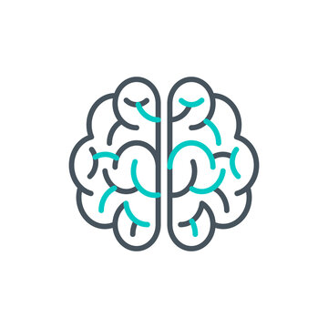 brainstorm idea outline flat icon. Single high quality outline logo symbol for web design or mobile app. Thin line brain think logo. Black and blue idea icon pictogram isolated on white background