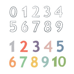 Set of vector numbers: zero, ten, nine, eight, seven, six, five, four, three, two, one. Numeral abstract elements with numbers. Math alphabet. School graphic illustration. Mathematics font design.