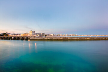 Entrance of Les Sables D'Olonne harbour taken from La Chaume, with it piers and lighthouse at...