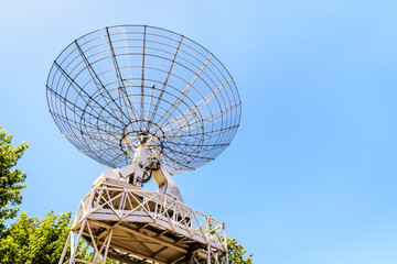 Low angle view of the 10-meter across radio telescope in the parc de la Villette in Paris, France,...