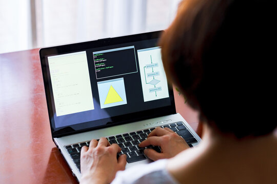 Japanese senior woman engineer debugging source code on remote work 